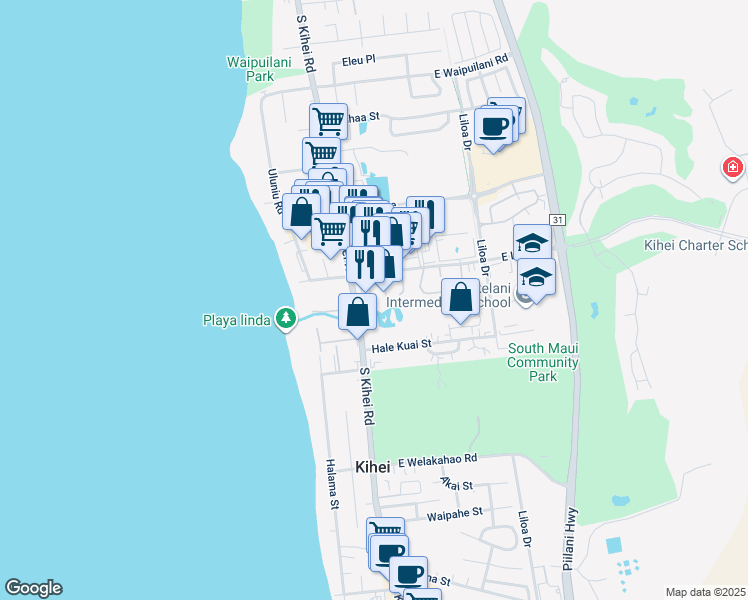 map of restaurants, bars, coffee shops, grocery stores, and more near 35 Hune One Lane in Kihei