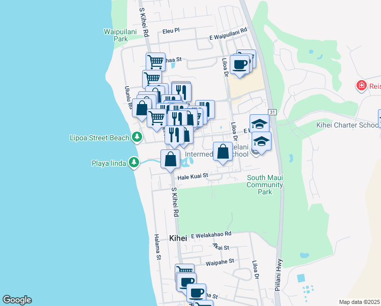map of restaurants, bars, coffee shops, grocery stores, and more near 39 Kuapapa Place in Kihei