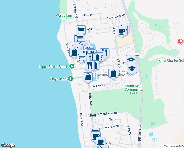 map of restaurants, bars, coffee shops, grocery stores, and more near 35 Hune One Lane in Kihei
