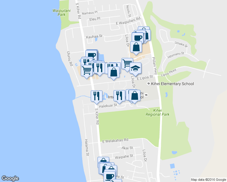 map of restaurants, bars, coffee shops, grocery stores, and more near 36 Kupalaiki Loop in Kihei