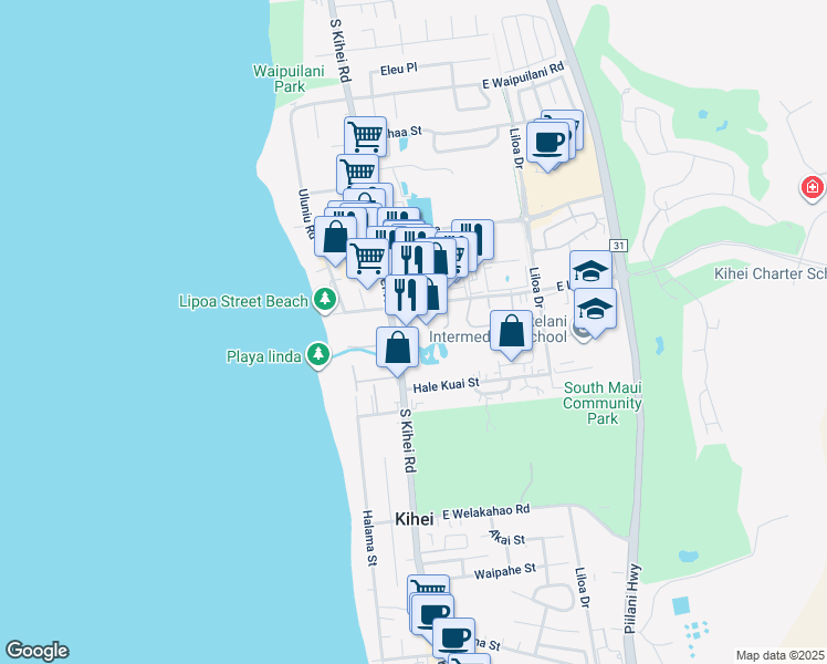 map of restaurants, bars, coffee shops, grocery stores, and more near 1367 South Kihei Road in Kihei