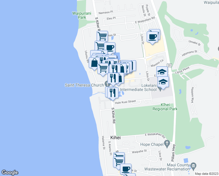 map of restaurants, bars, coffee shops, grocery stores, and more near 1350 South Kihei Road in Kihei