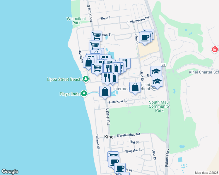 map of restaurants, bars, coffee shops, grocery stores, and more near 25 One Hali Lane in Kihei