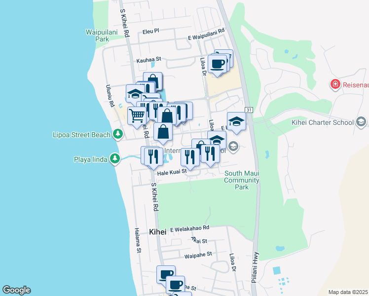 map of restaurants, bars, coffee shops, grocery stores, and more near 44 Kupalaiki Loop in Kihei