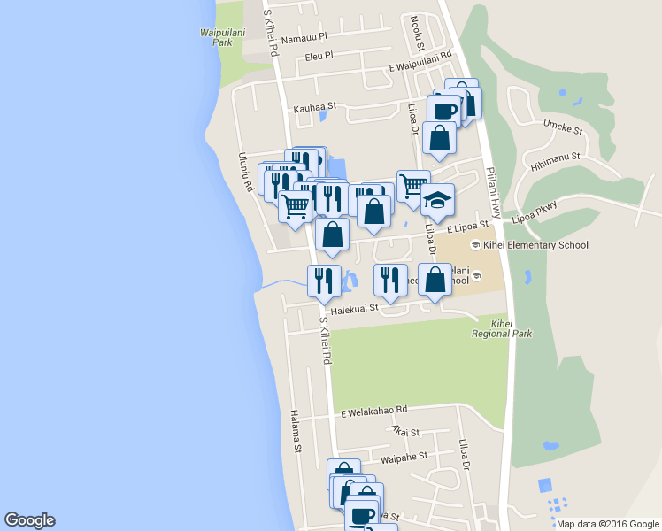 map of restaurants, bars, coffee shops, grocery stores, and more near 1367 South Kihei Road in Kihei