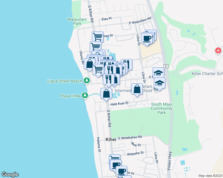 map of restaurants, bars, coffee shops, grocery stores, and more near 1367 South Kihei Road in Kihei