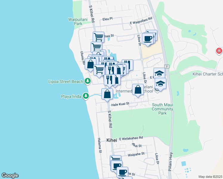 map of restaurants, bars, coffee shops, grocery stores, and more near 29 Kai Ani Ln in Kihei