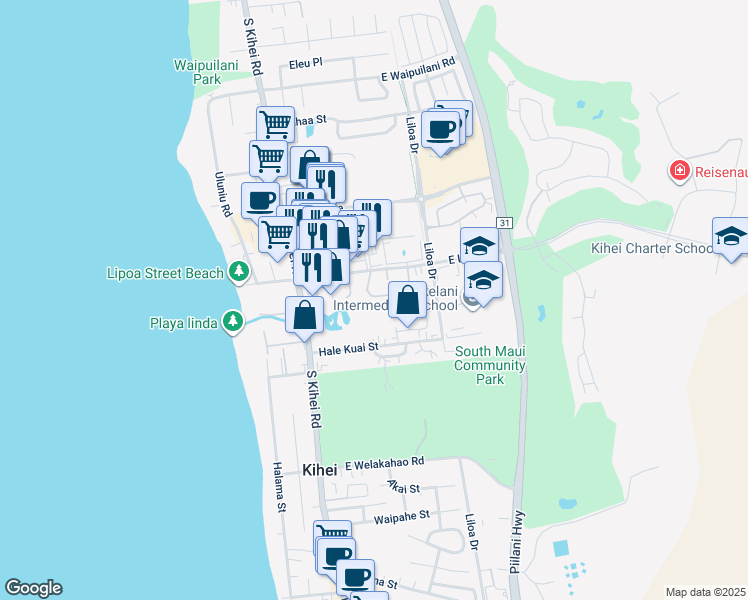 map of restaurants, bars, coffee shops, grocery stores, and more near 44 Kupalaiki Loop in Kihei