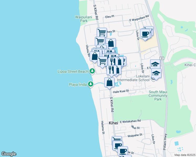 map of restaurants, bars, coffee shops, grocery stores, and more near 49 West Lipoa Street in Kihei