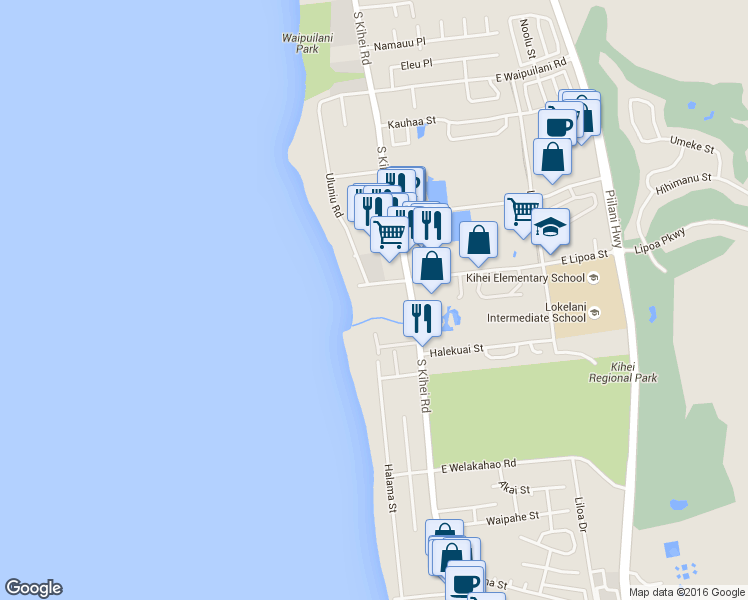 map of restaurants, bars, coffee shops, grocery stores, and more near 49 West Lipoa Street in Kihei