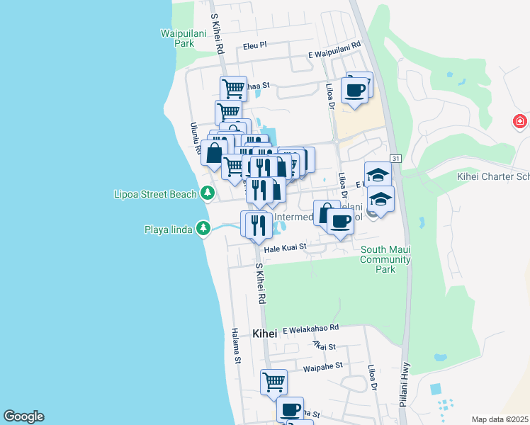 map of restaurants, bars, coffee shops, grocery stores, and more near 35 Hune One Lane in Kihei