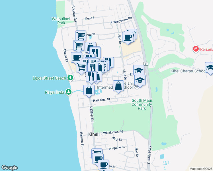 map of restaurants, bars, coffee shops, grocery stores, and more near 36 Kupalaiki Loop in Kihei