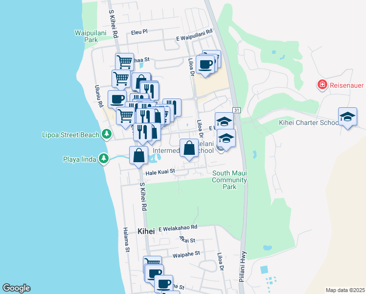 map of restaurants, bars, coffee shops, grocery stores, and more near 74 Kupalaiki Loop in Kihei