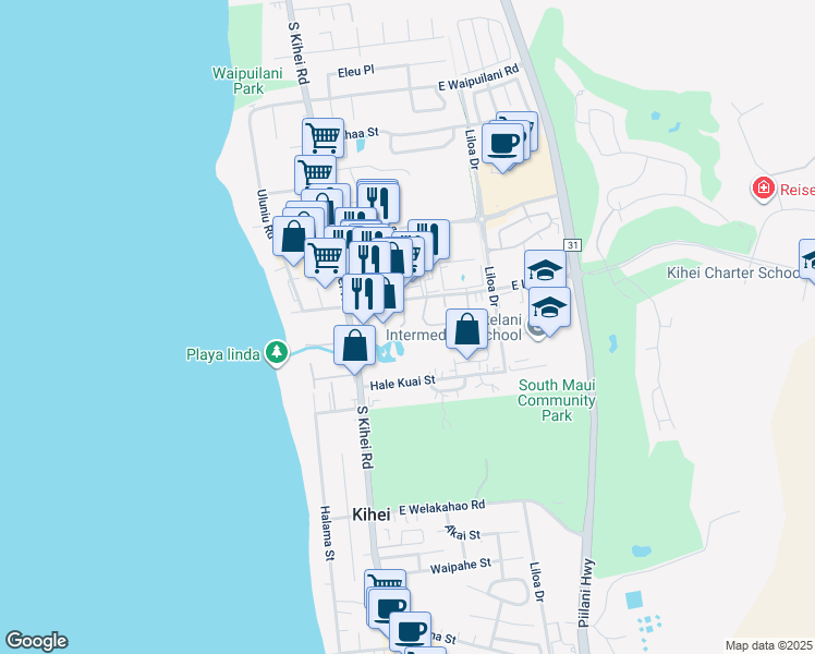 map of restaurants, bars, coffee shops, grocery stores, and more near 33 Kuapapa Place in Kihei