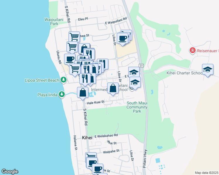 map of restaurants, bars, coffee shops, grocery stores, and more near 74 Kupalaiki Loop in Kihei