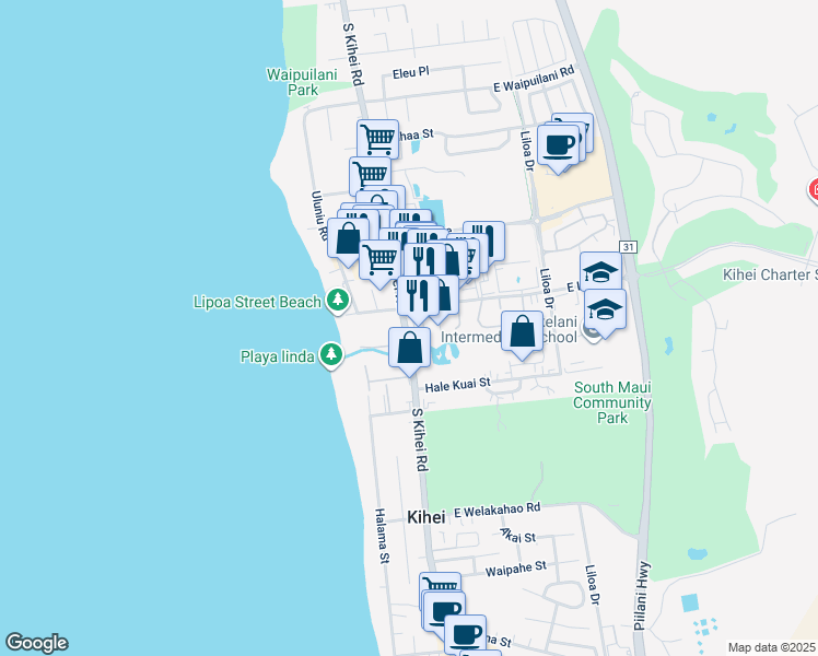 map of restaurants, bars, coffee shops, grocery stores, and more near 1367 South Kihei Road in Kihei