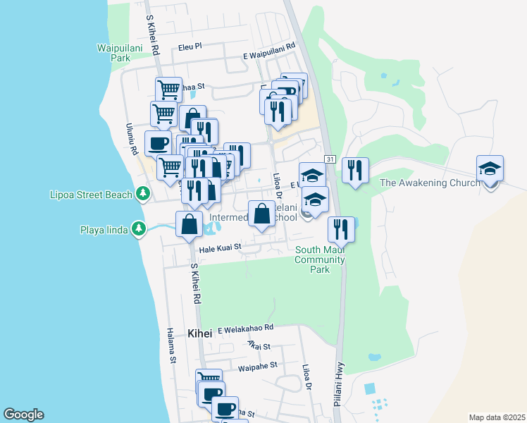 map of restaurants, bars, coffee shops, grocery stores, and more near 162 Kukulu Place in Kihei