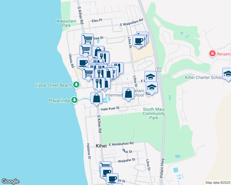 map of restaurants, bars, coffee shops, grocery stores, and more near 36 Kupalaiki Loop in Kihei