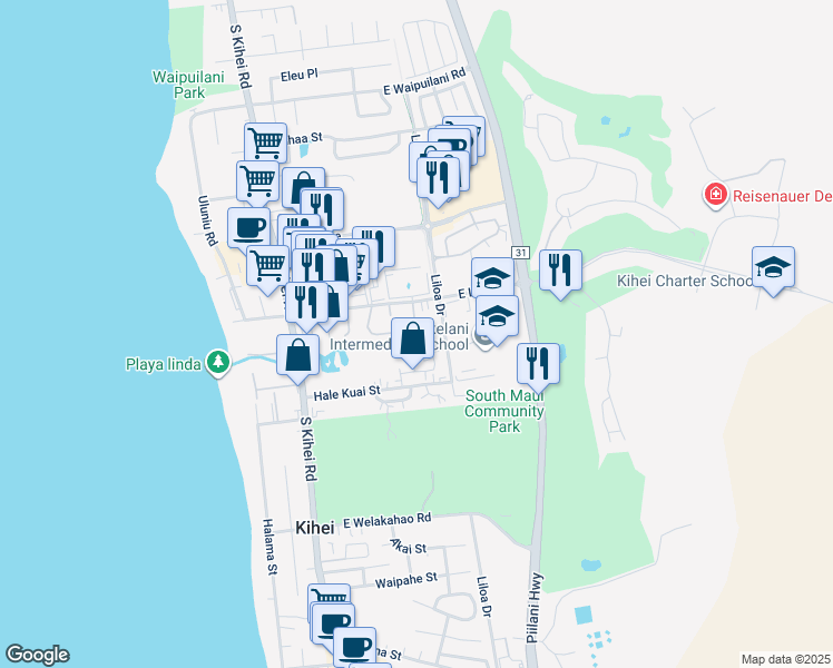 map of restaurants, bars, coffee shops, grocery stores, and more near 162 Kukulu Place in Kihei