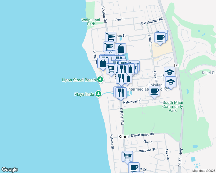 map of restaurants, bars, coffee shops, grocery stores, and more near 49 West Lipoa Street in Kihei