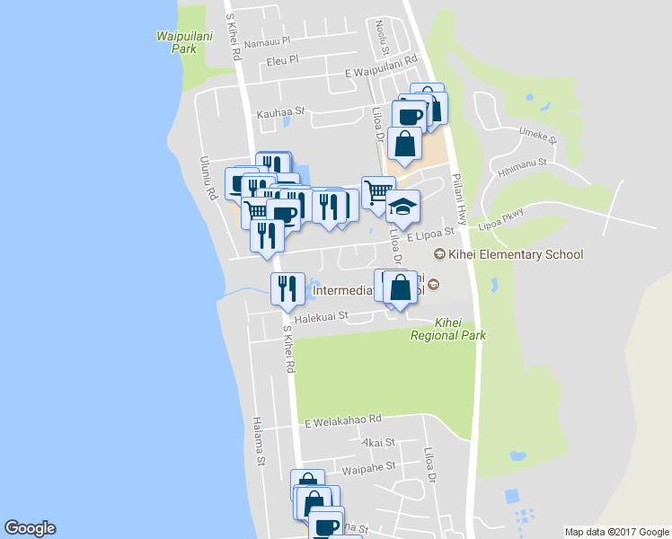 map of restaurants, bars, coffee shops, grocery stores, and more near 32 Kupalaiki Loop in Kihei