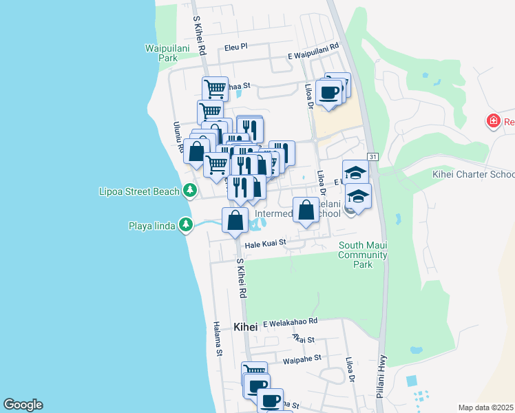 map of restaurants, bars, coffee shops, grocery stores, and more near 25 One Hali Lane in Kihei