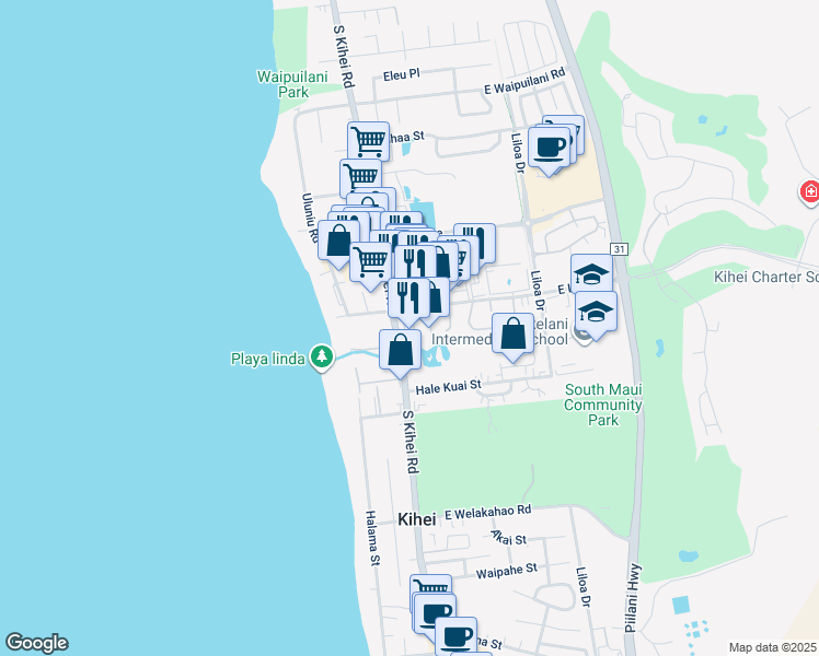 map of restaurants, bars, coffee shops, grocery stores, and more near 35 Hune One Lane in Kihei
