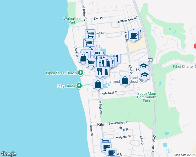 map of restaurants, bars, coffee shops, grocery stores, and more near 1367 South Kihei Road in Kihei