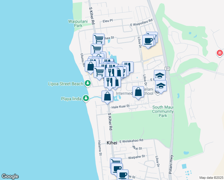 map of restaurants, bars, coffee shops, grocery stores, and more near 35 Hune One Lane in Kihei