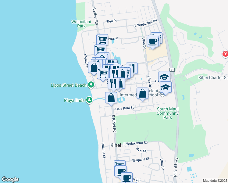 map of restaurants, bars, coffee shops, grocery stores, and more near 32 Hune One Ln in Kihei