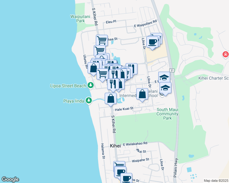 map of restaurants, bars, coffee shops, grocery stores, and more near 35 Hune One Lane in Kihei