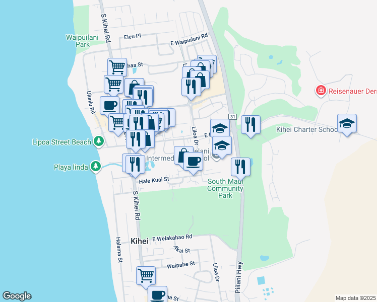 map of restaurants, bars, coffee shops, grocery stores, and more near 170 Kukulu Place in Kihei