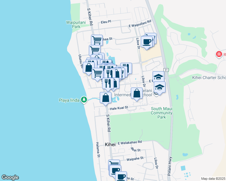 map of restaurants, bars, coffee shops, grocery stores, and more near 23 One Hali Lane in Kihei