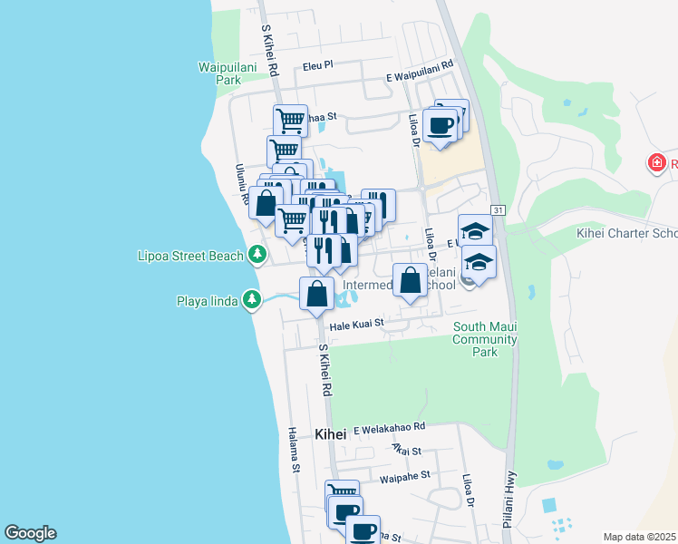 map of restaurants, bars, coffee shops, grocery stores, and more near 25 One Hali Lane in Kihei