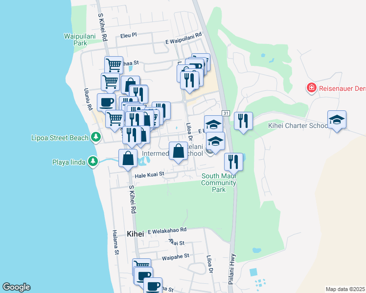 map of restaurants, bars, coffee shops, grocery stores, and more near 170 Kukulu Place in Kihei