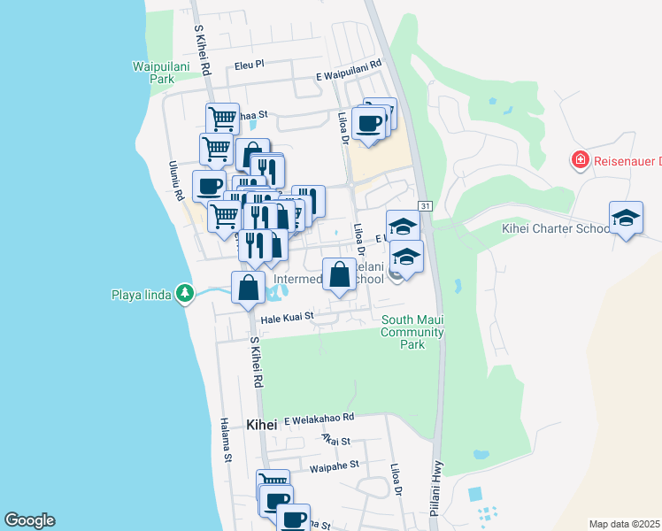 map of restaurants, bars, coffee shops, grocery stores, and more near 79 Kupalaiki Loop in Kihei