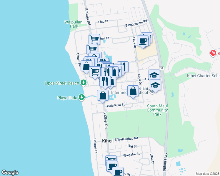 map of restaurants, bars, coffee shops, grocery stores, and more near 24 One Hali Lane in Kihei