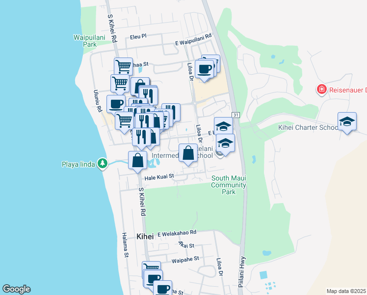 map of restaurants, bars, coffee shops, grocery stores, and more near 79 Kupalaiki Loop in Kihei