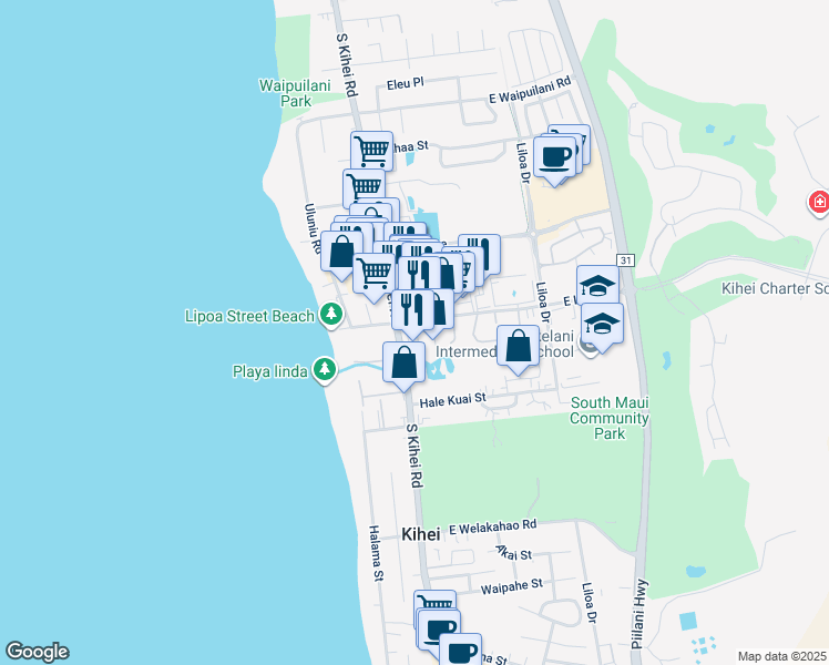 map of restaurants, bars, coffee shops, grocery stores, and more near 35 Hune One Lane in Kihei