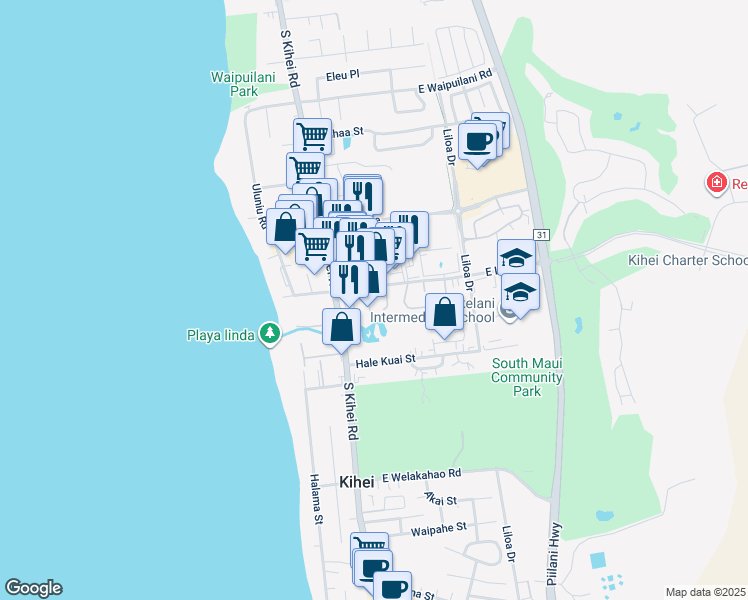 map of restaurants, bars, coffee shops, grocery stores, and more near 23 One Hali Lane in Kihei