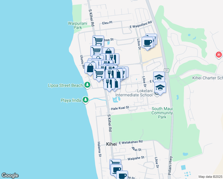 map of restaurants, bars, coffee shops, grocery stores, and more near 24 One Hali Lane in Kihei