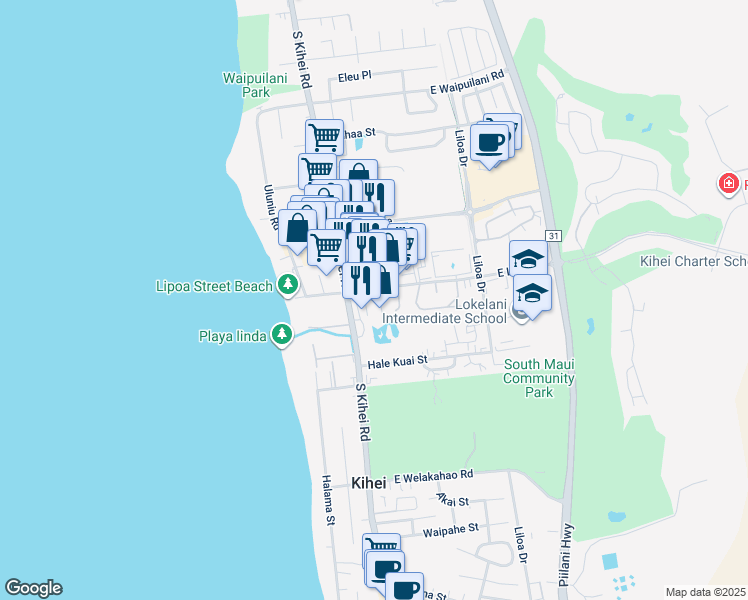 map of restaurants, bars, coffee shops, grocery stores, and more near 25 One Hali Lane in Kihei