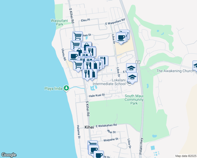map of restaurants, bars, coffee shops, grocery stores, and more near 23 Kuapapa Place in Kihei
