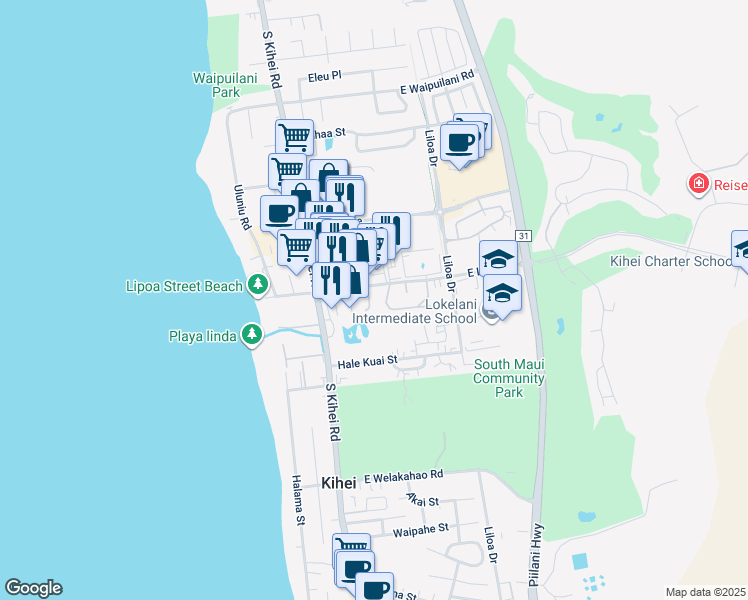 map of restaurants, bars, coffee shops, grocery stores, and more near 23 Kuapapa Place in Kihei