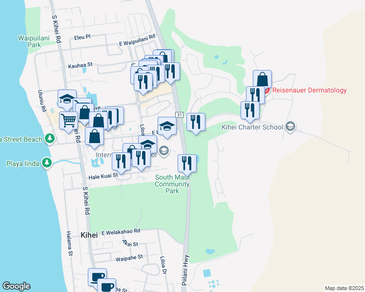 map of restaurants, bars, coffee shops, grocery stores, and more near 470 Lipoa Parkway in Kihei