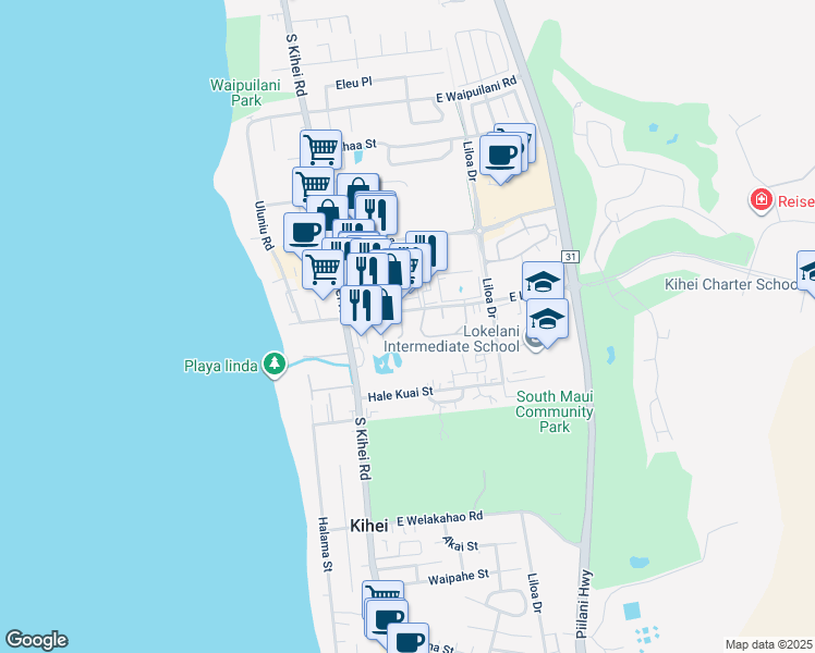 map of restaurants, bars, coffee shops, grocery stores, and more near 23 Kuapapa Place in Kihei