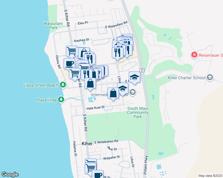 map of restaurants, bars, coffee shops, grocery stores, and more near 89 Kupalaiki Loop in Kihei