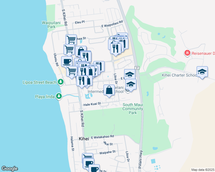 map of restaurants, bars, coffee shops, grocery stores, and more near 89 Kupalaiki Loop in Kihei