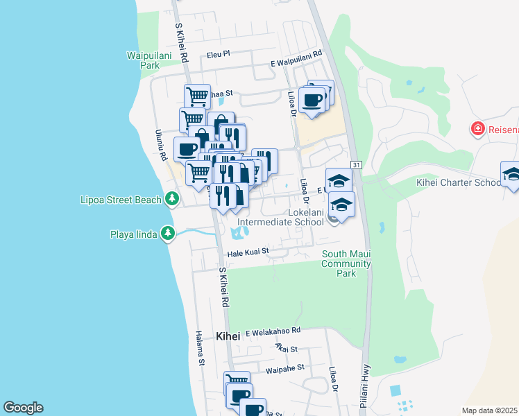 map of restaurants, bars, coffee shops, grocery stores, and more near 22 Kupalaiki Loop in Kihei