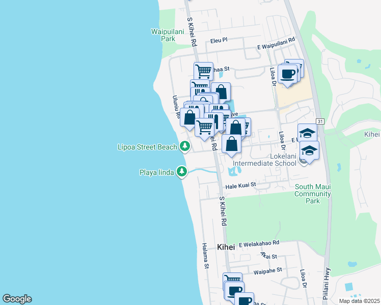 map of restaurants, bars, coffee shops, grocery stores, and more near 1310 Uluniu Road in Kihei